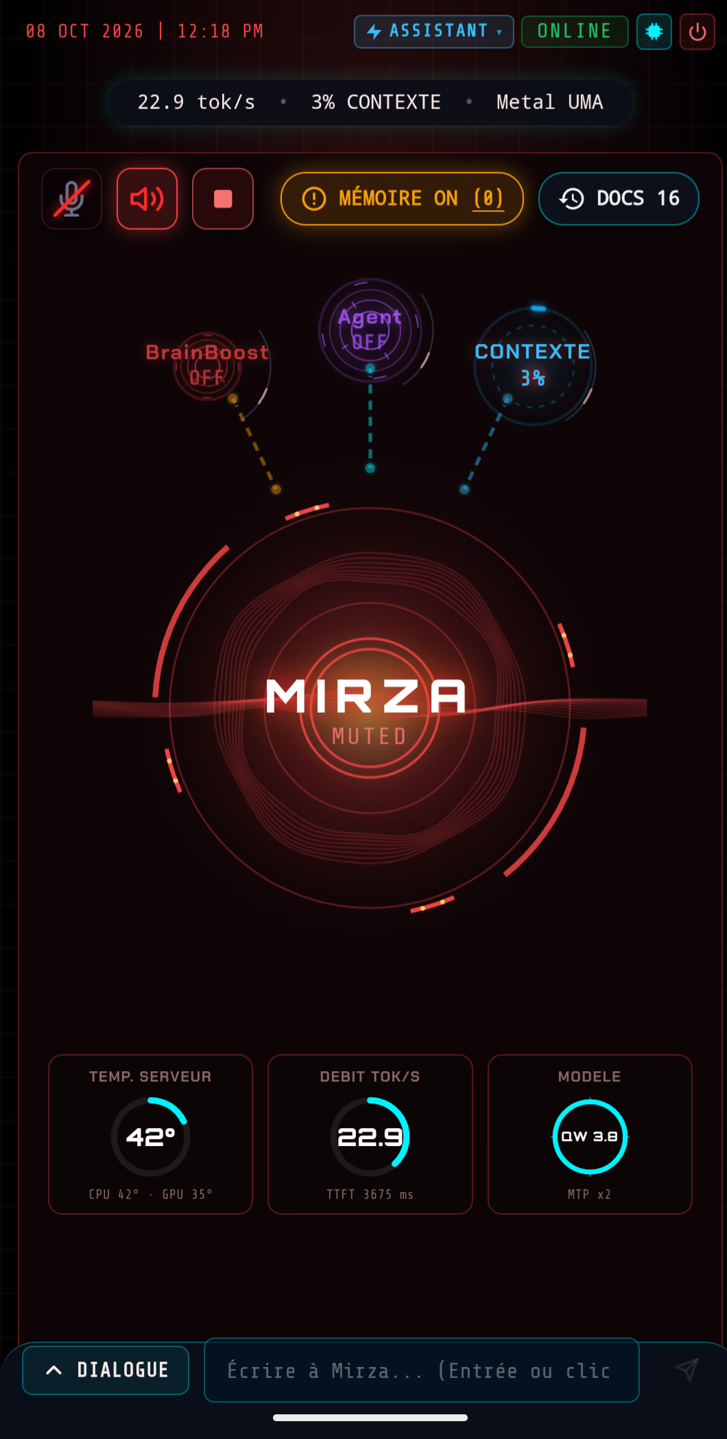 Vue générale de l'interface mobile Mirza HUD