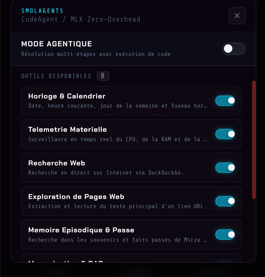 Panneau de configuration des outils smolagents CodeAgent